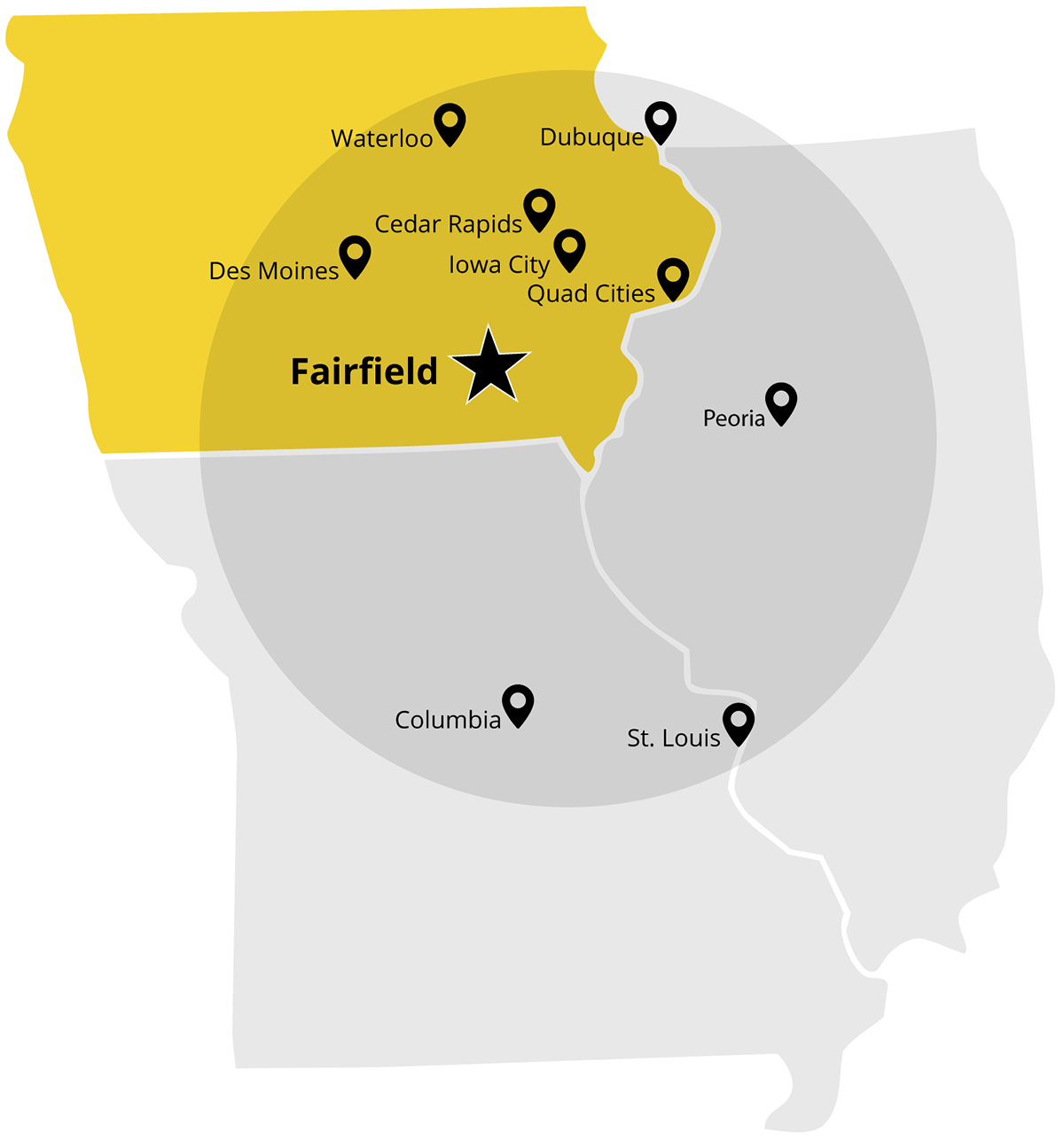 map with service area highlighting Fairfield, Iowa as the home of Mobile Companion Taxi.
